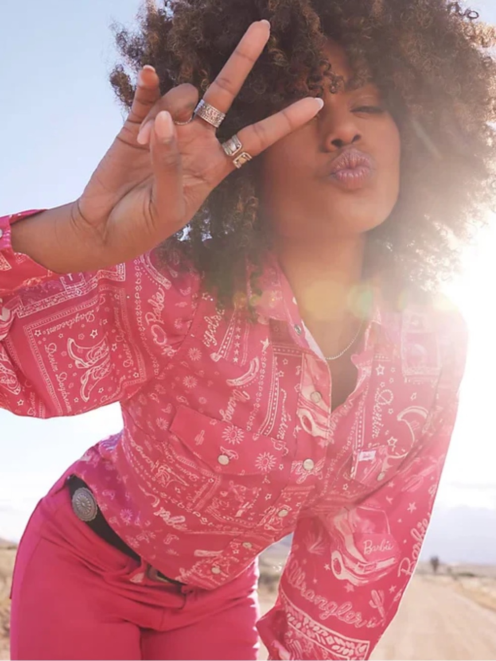 Wrangler X Barbie™ Western Balloon Sleeve Printed Blouse in Pink Bandana XS - Picture 2 of 5